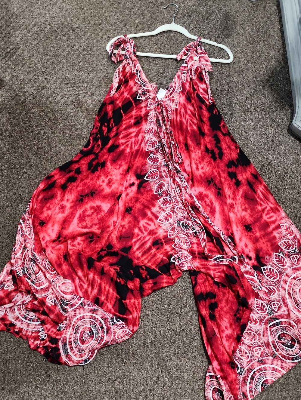 Red Tie-Dye Wide Leg Jumpsuit with Trim Detail